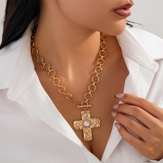 Cross Alloy Pendant Clavicle Chain Inlaid Pearl