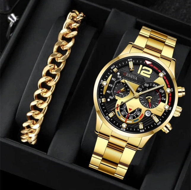 2pcs Men's New Popular Steel Strip Fashion Business Three Eye Quartz Watch Bracelet Set Valentine's Day Gifts